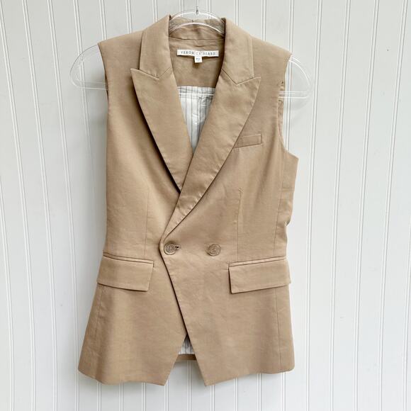 Veronica Beard Anouka Linen Blend Vest Sleeveless Khaki Tan Beige Blazer Size 0 - Picture 2 of 7